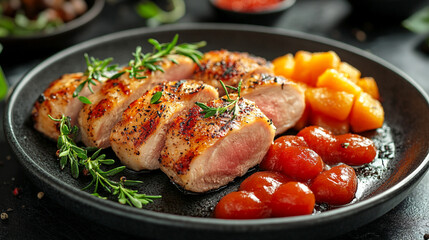 Grilled pork medallions garnished with fresh rosemary served with glazed cherry tomatoes and roasted potatoes on a black plate