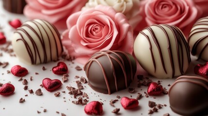 Obraz premium Valentine's day celebration banner with roses, chocolate truffles, and heart decorations