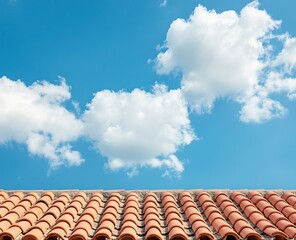 Blue sky with white clouds and red tile roof top view background, copy space concept. Stock photo with 2/3 space for text. --ar 16:13 --v 6.1 Job ID: 7ac8a7fe-a9a5-4e70-af5b-32e6f7160e13