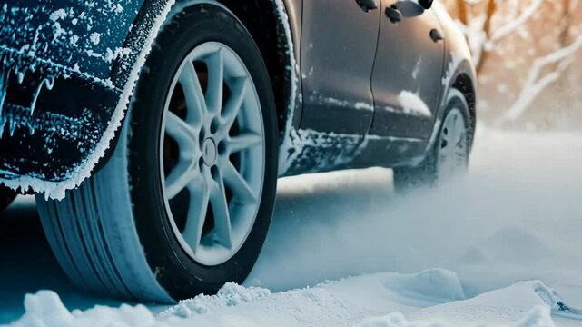 Icy car. Ice-covered vehicle. Frozen Auto Covering by Snow. Vehicle during Snowstorm. Hazardous Winter Road Driving. Cold Season. Corrosion, Rust. Close-up of tires. Trail of tread marks in thick snow