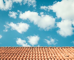 Blue sky with white clouds and red tile roof top view background, copy space concept. Stock photo with 2/3 space for text. --ar 16:13 --v 6.1 Job ID: 7ac8a7fe-a9a5-4e70-af5b-32e6f7160e13