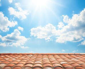 Blue sky with white clouds and red tile roof top view background, copy space concept. Stock photo with 2/3 space for text. --ar 16:13 --v 6.1 Job ID: 154889f4-050c-4eb5-b44e-569fc3c7cfad