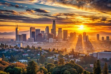 Obraz premium Los Angeles Skyline Sunrise: Golden Hour Cityscape Panorama