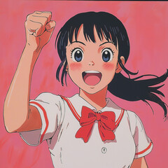 A vibrant anime-style illustration of a cheerful young girl with a bright smile and a confident pose. School girl raising her fist up in the air. Soft and radiant colors.