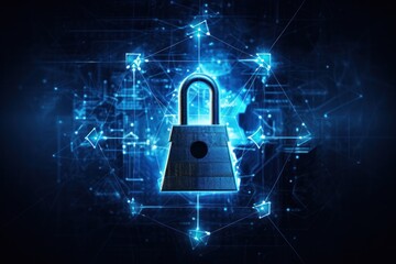 Futuristic lock symbol constructed from interconnected lines and triangles, representing network security