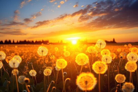 Golden sunset casting a warm glow over a field of dandelions with the sun dipping below the horizon