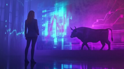 Businesswoman analyzing stock market bull trend on futuristic virtual screen