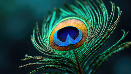 Obraz premium A detailed close-up of a vibrant peacock feather against a dark background. Symbol of Hindu god Lord Krishna. Krishna Janmashtami
