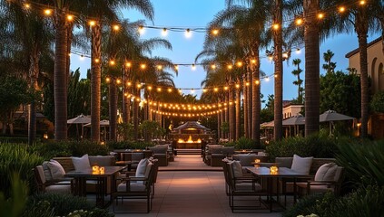 Naklejka premium A stunning outdoor dining area at The Ritz-Carlton in San Diego, California, with string lights and comfortable seating areas. 