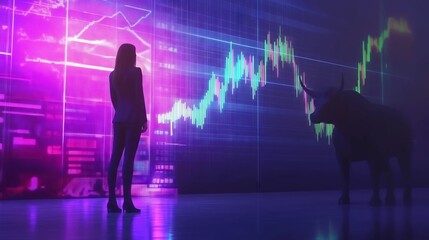 Businesswoman analyzing bull market trend on digital stock chart display