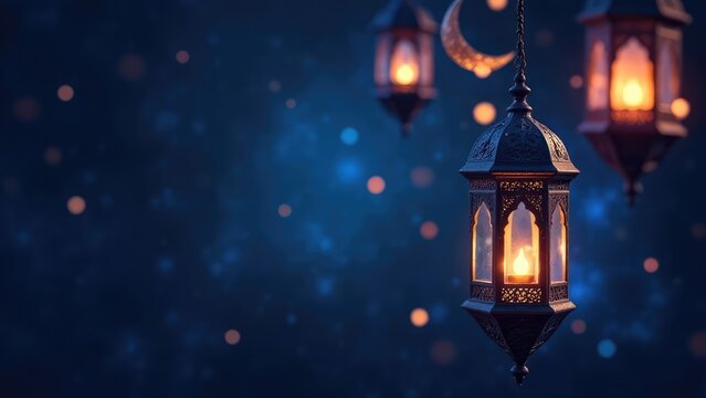 Hanging ornate arabic lanterns glow with a crescent moon in a dark, bokeh-filled sky. Muslim holy month Ramadan Kareem concept. Eid al-Fitr