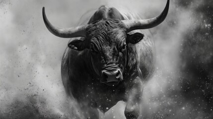 Powerful bull charging through dust cloud in black and white