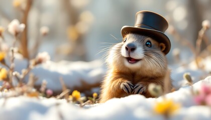 Fototapeta premium Happy Prairie Dog in Top Hat Snowy Springtime Setting