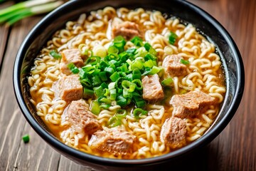 Savory noodle bowl with tender meat and fresh green onions at a cozy dinner setting