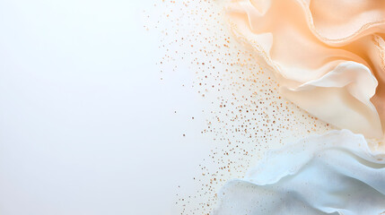 A delicate blend of soft fabric in peach and white, gently flowing with golden glitter scattered across the surface, perfect for elegant design projects or fashion photography, selective focus