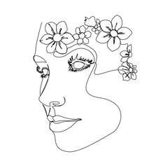 Woman Line Art. Continuous one line drawing Woman face with flowers line. Vector illustration