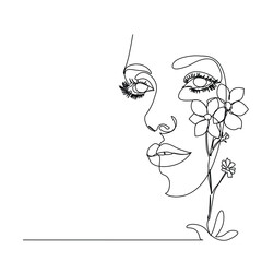 Woman Line Art. Continuous one line drawing Woman face with flowers line. Vector illustration