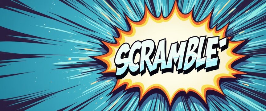 A vibrant comic book explosion features the bold word SCRAMBLE in striking typography, radiating energy and excitement. The vivid blue background and sharp lines create a sense of movement, making