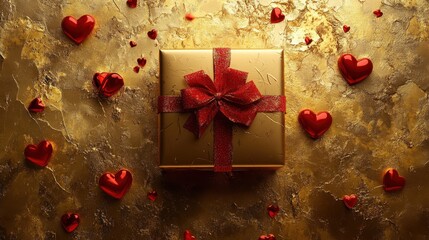 Luxurious gift box with red ribbon and hearts for romantic occasions