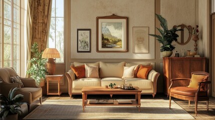 Warm and inviting living room with natural light and classic furniture arrangement