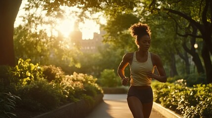 Young sporty woman running in a city park at sunset