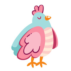 Cute cartoon pink and blue bird. Funny adorable baby chicken with wings, strip pattern and beak. Valentines day, animal, gift mascot, cartoon cute comic bird with pastel color vector illustration