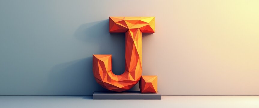 A striking, three-dimensional letter J crafted in a vibrant orange geometric design stands boldly against a soft, neutral backdrop. This modern and artistic representation captures attention with its