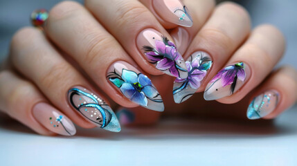 Elegant Floral Nail Art Design with Shimmering Accents