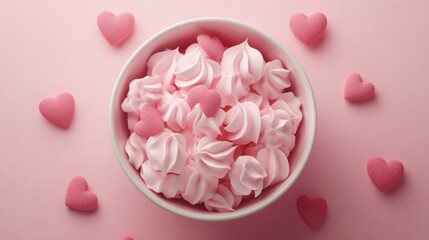 Fototapeta premium Sweet pink meringues with heart decorations on soft pink background perfect for card design