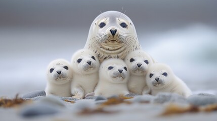 A harbor seal mother lovingly cradles her five adorable pups on a rocky beach.