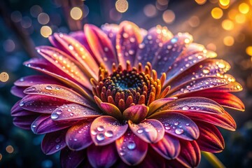 Low Light Vibrant Flower with Dew Drops and Soft Glow - Stock Photo