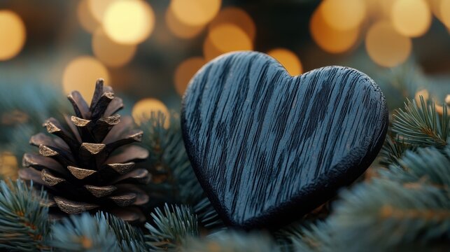 Rustic heart and pinecone on festive christmas background for valentine's holiday decor