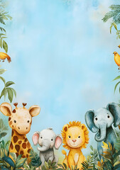 A cheerful illustration featuring a giraffe, elephant, lion, and another elephant amidst foliage.