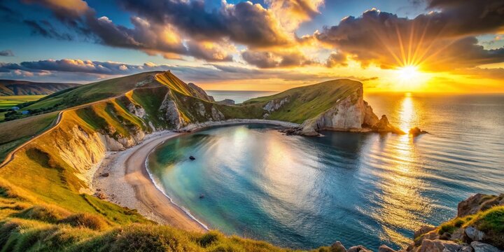 Lulworth Cove Dramatic Rock Formations at Sunset, Dorset Coastline, England, Bokeh Background
