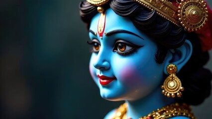 Detailed close-up of a blue-skinned Krishna statue adorned with gold jewelry. Krishna Janmashtami, Vishu Kani, Govardhan Puja. Birthday of Krishna.