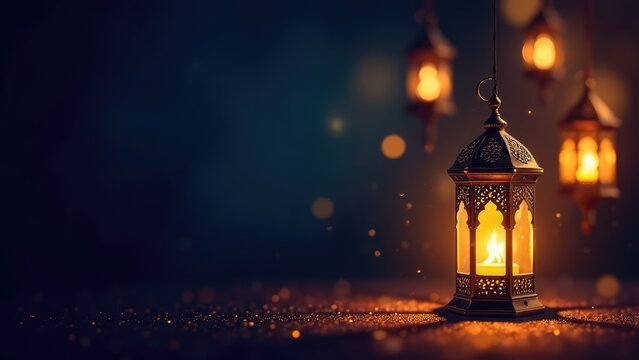 A lit decorative arabic lantern sits on a surface with hanging lanterns in a dark, bokeh background. Muslim holy month Ramadan Kareem concept. Eid al-Fitr