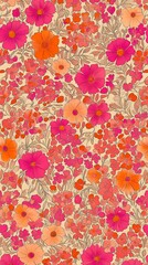 Pink and orange flowers and leaves pattern illustration poster background