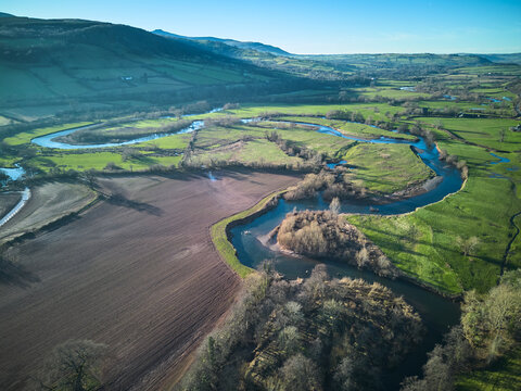 Aerial view of the River Usk in Wales, UK