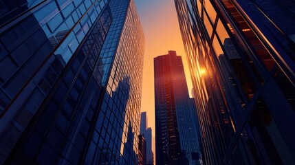 Cityscape at Sunset with Sunrays through Glass Windows