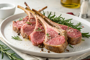 Fototapeta premium Fresh lamb ribs in a plate on a white background