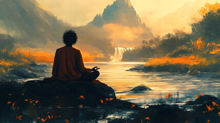 A peaceful illustration of a person meditating by a flowing river.