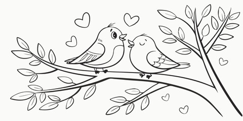 pencil drawing, love between two birds on a tree, cute sketch, AI generated image. Hand-Drawn Love Birds on a Tree Branch - Romantic Line Art Illustration.