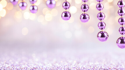 Shiny purple beads with glittering reflections hanging against a soft bokeh background. Selective focus. Perfect for holiday decorations, event invitations, and elegant designs