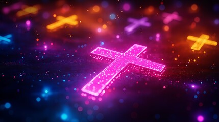 Bright neon crosses glowing in vibrant colors, surrounded by sparkling lights in a festive and spiritual setting. Faith and celebration concept.