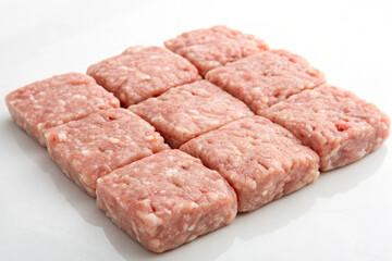 Minced pork, cut into squares, on a white screen
