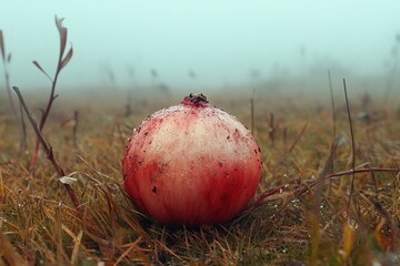 Blood-stained onion in misty field, autumnal grass, mysterious scene
