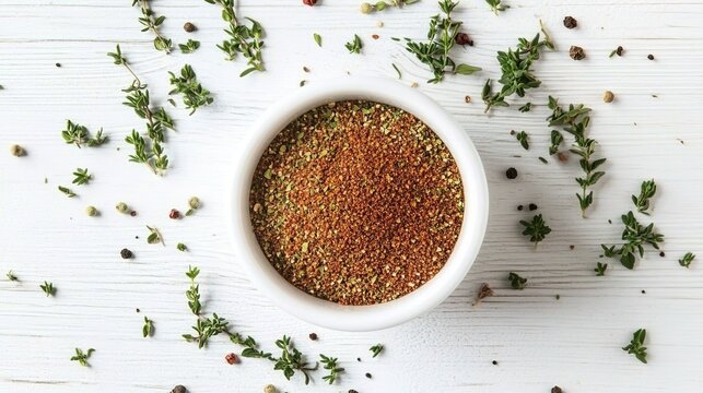 A top-down view of an empty white bowl filled with ground cumin, thyme, and pepper on a clean white wooden surface