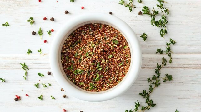 A top-down view of an empty white bowl filled with ground cumin, thyme, and pepper on a clean white wooden surface