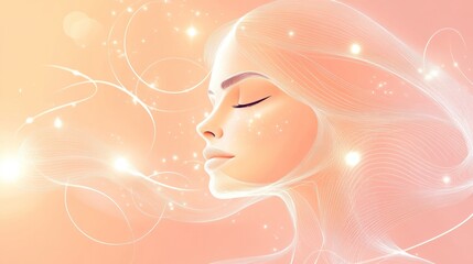 Serene woman with ethereal light surrounding her, soft pastel colors, profile view.