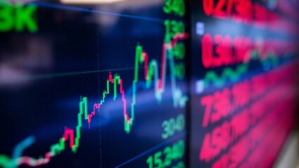 stock market chart, financial graph, blue glowing lines, digital display, trading data, economic indicators, candlestick pattern, price fluctuation, dark background, neon blue, data visualization, fin